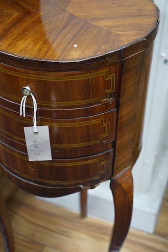 A 19th century Louis XV style French kingwood circular three drawer chest, diameter 30cm, height 70cm